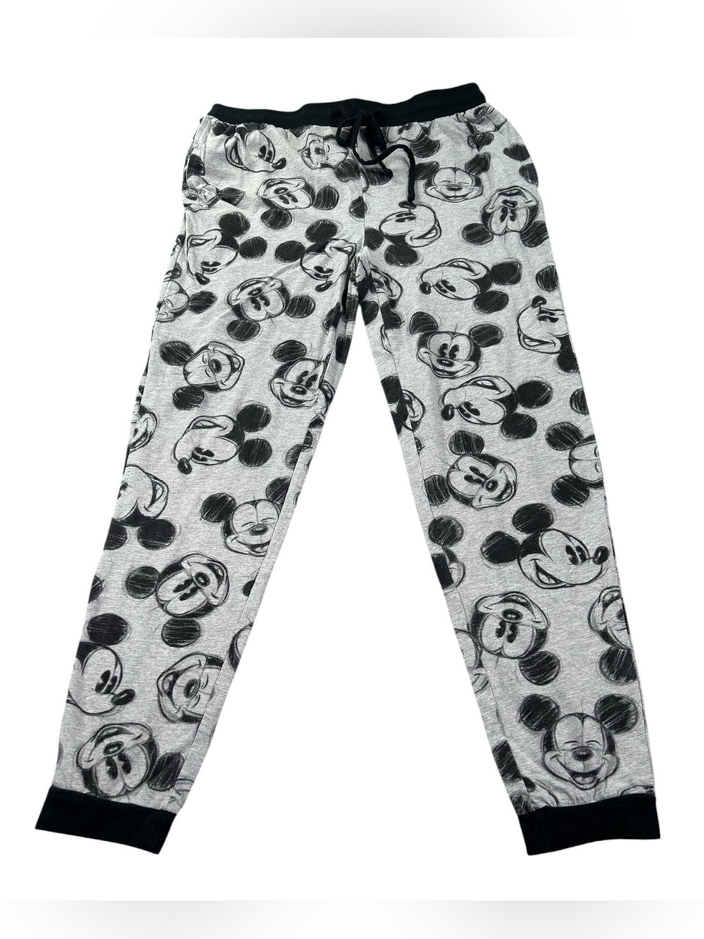 Disney Mickey Mouse Jogger Pajama Pants Adult M Gray All Over Faces Sketch